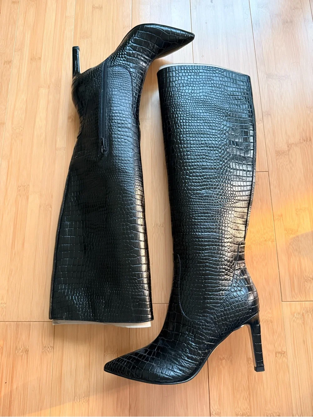 Nine West - Maxim - Croc-Embossed Knee High Boots - Black - Size 7